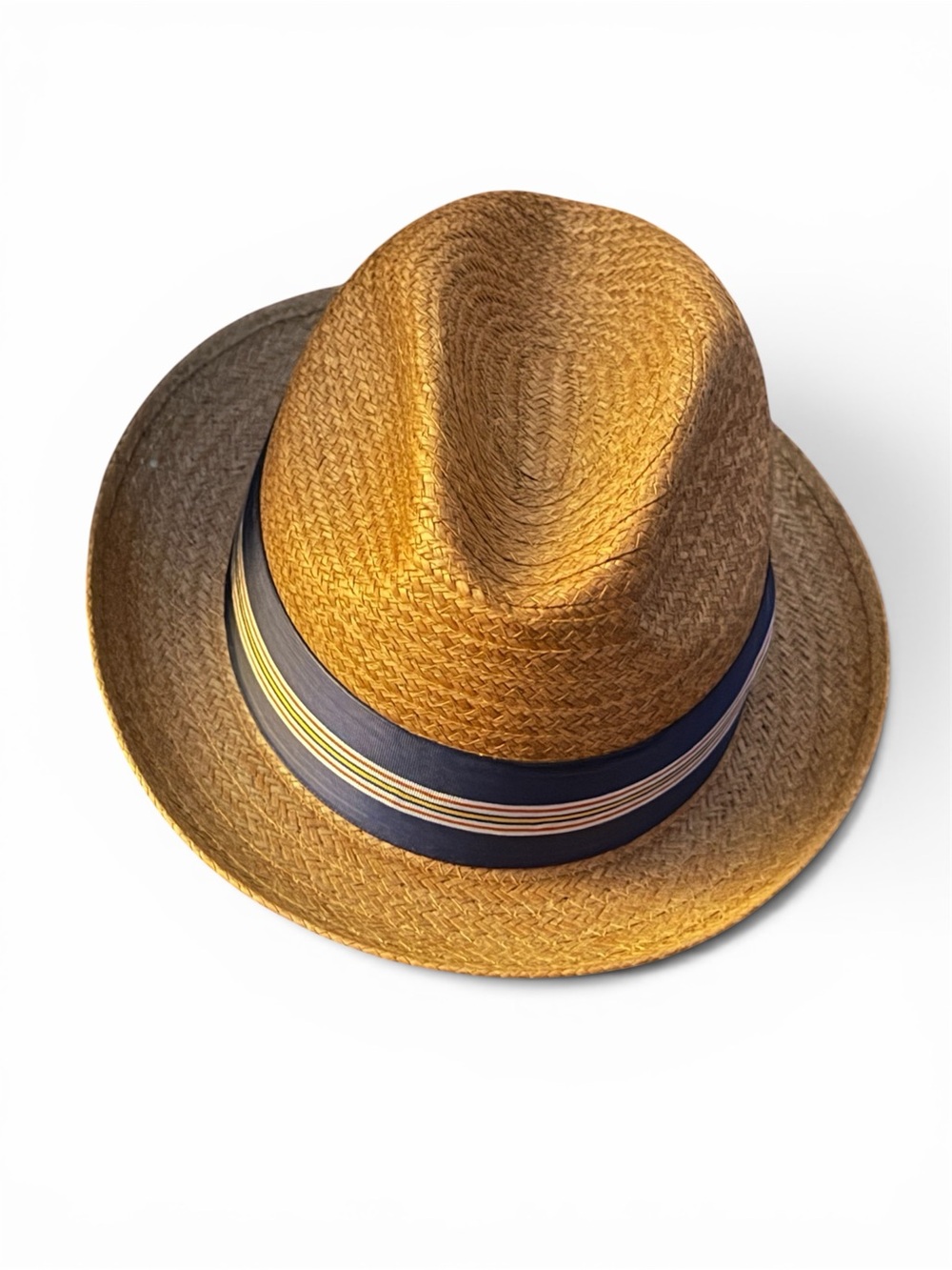Stetson Tan Straw Fedora with Navy & Yellow Band